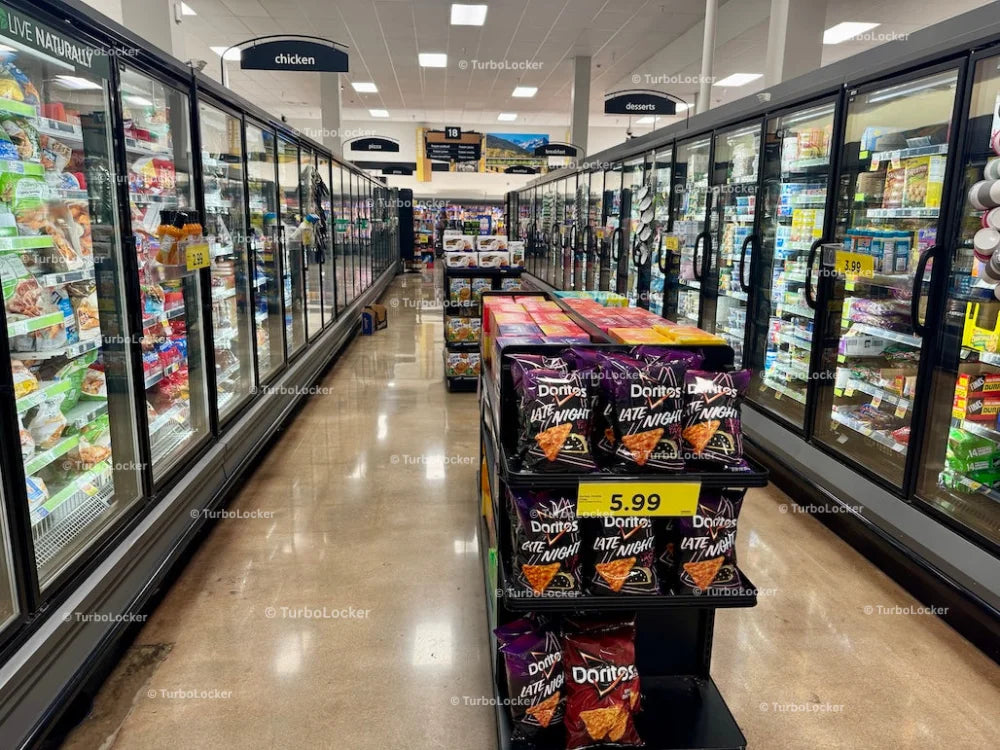 A Grocery Store Frozen Food Isle For Chicken Desserts Pizza and Breakfast Items