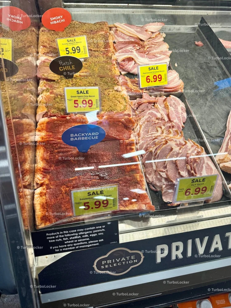 Bacon Varieties On Display At A Grocery Store Meat Department