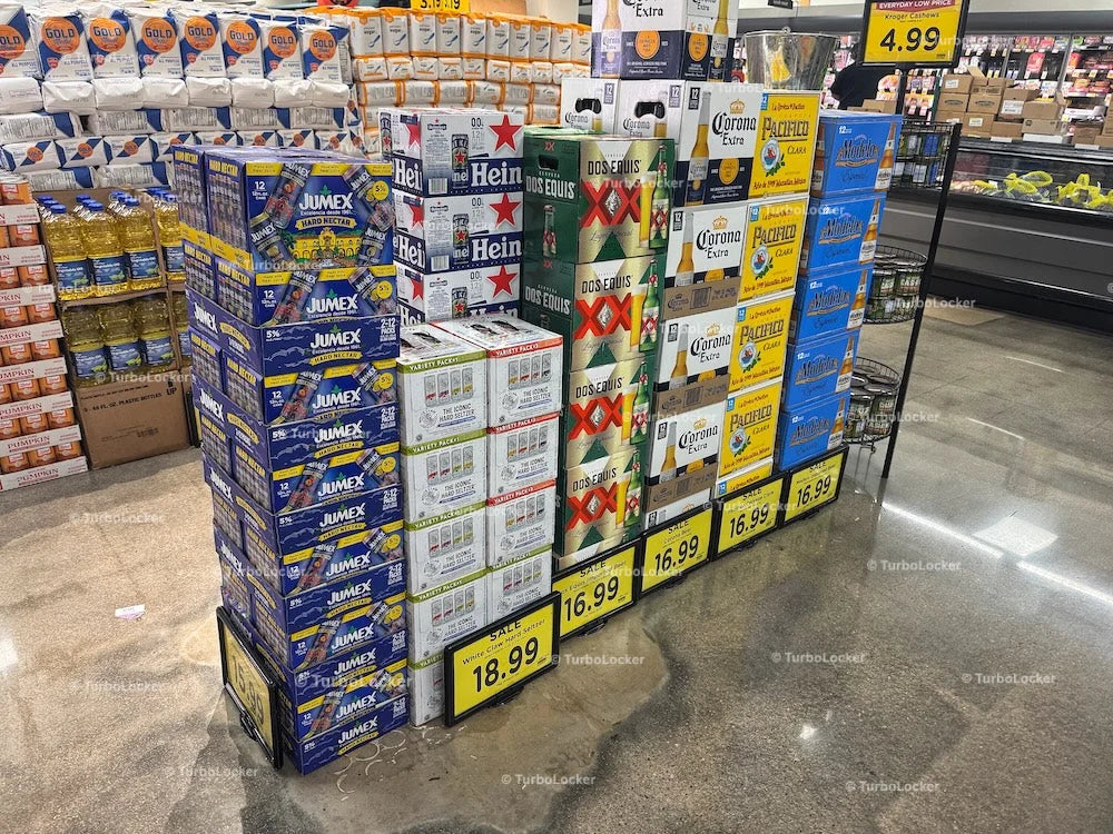 Various Alcoholic Drink Boxes Stacked In A Grocery Store