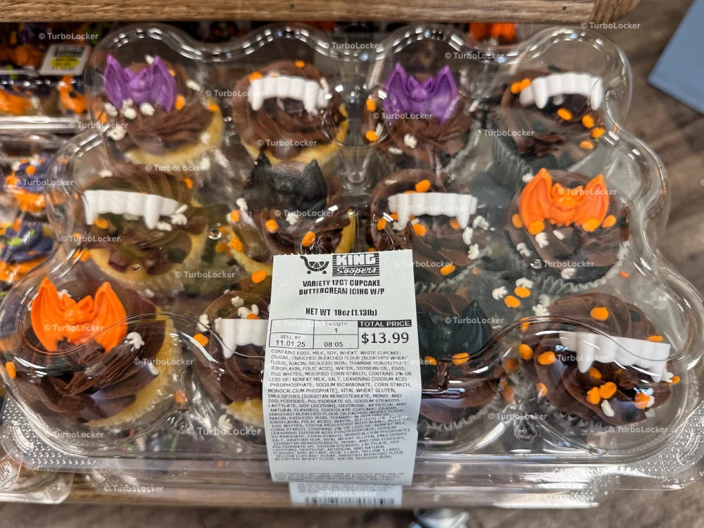 Dozen Buttercream Icing Halloween Cupcakes With Label In Focus