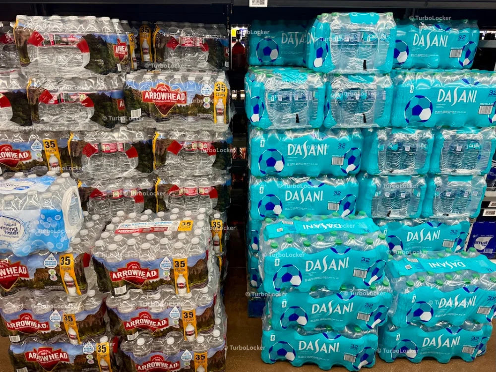 Cases Of Water Stacked Together