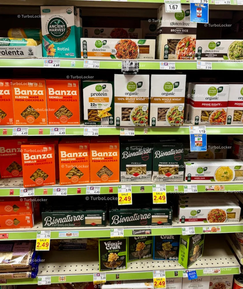 Chickpea and Organic Pasta Variety On Shelves At A Grocery Store