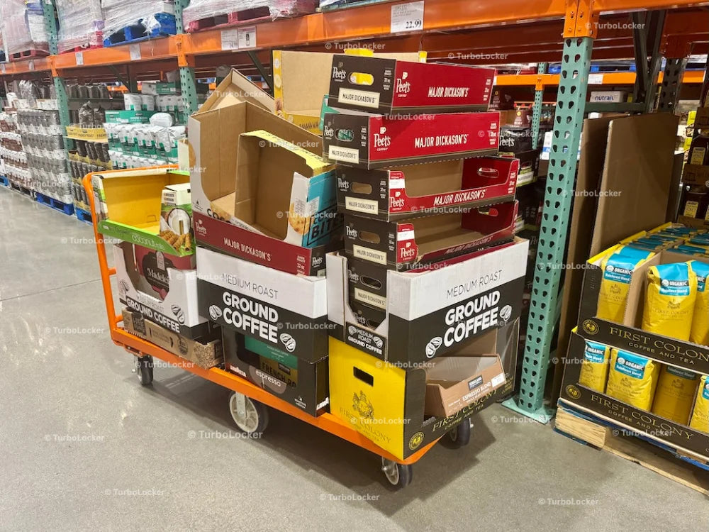 Coffee Packaging Boxes On A Cart At A Warehouse Store