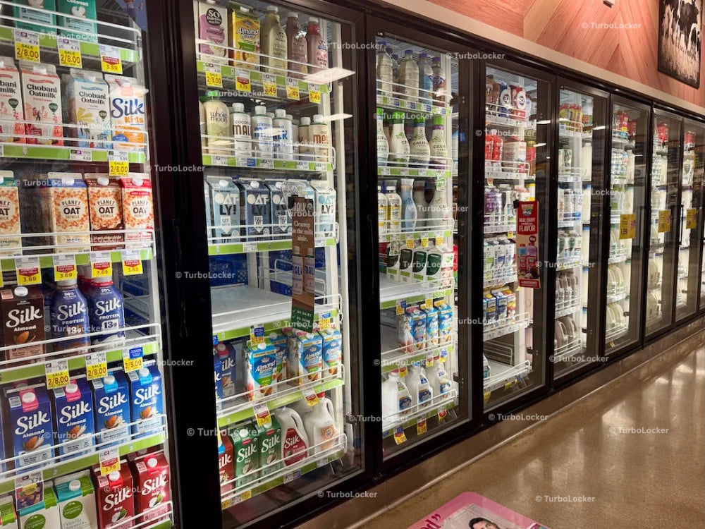 Dairy And Non Dairy Reach In Refrigerators At A Grocery Store