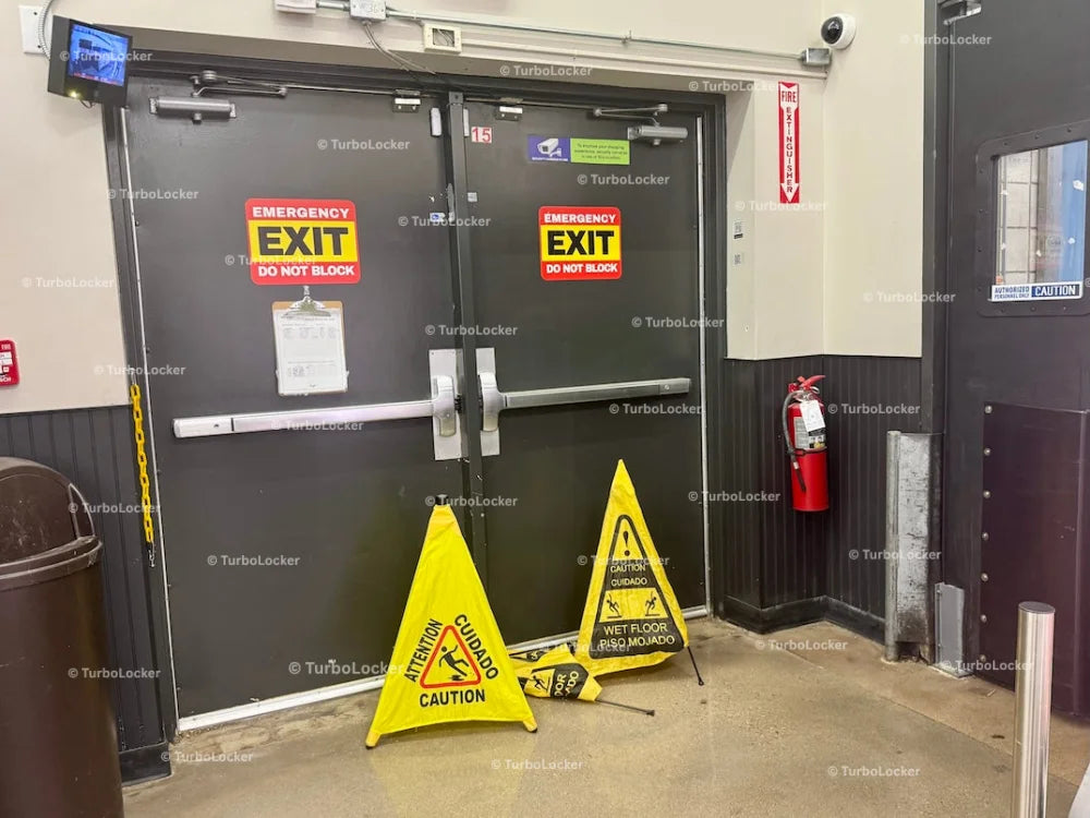 Emergency Exit Door With Wet Floor Caution Markers