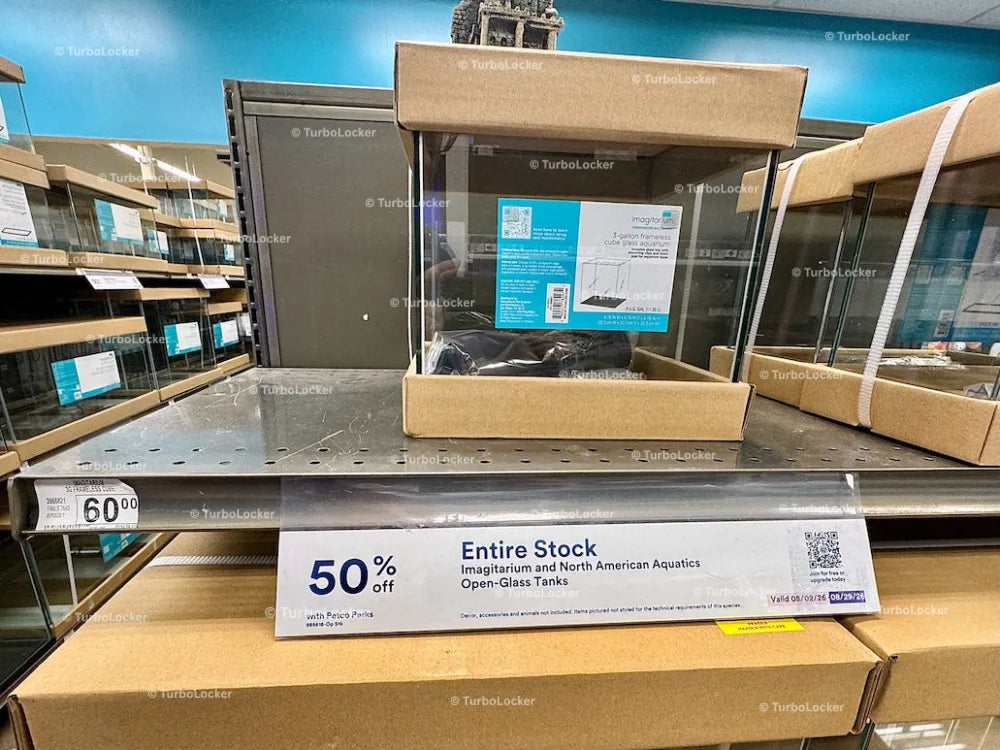 Fish Tank With 50% Off Entire Stock Sign