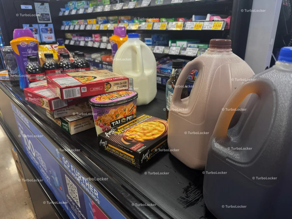 Food Products On Conveyor Belt At A Grocery Store