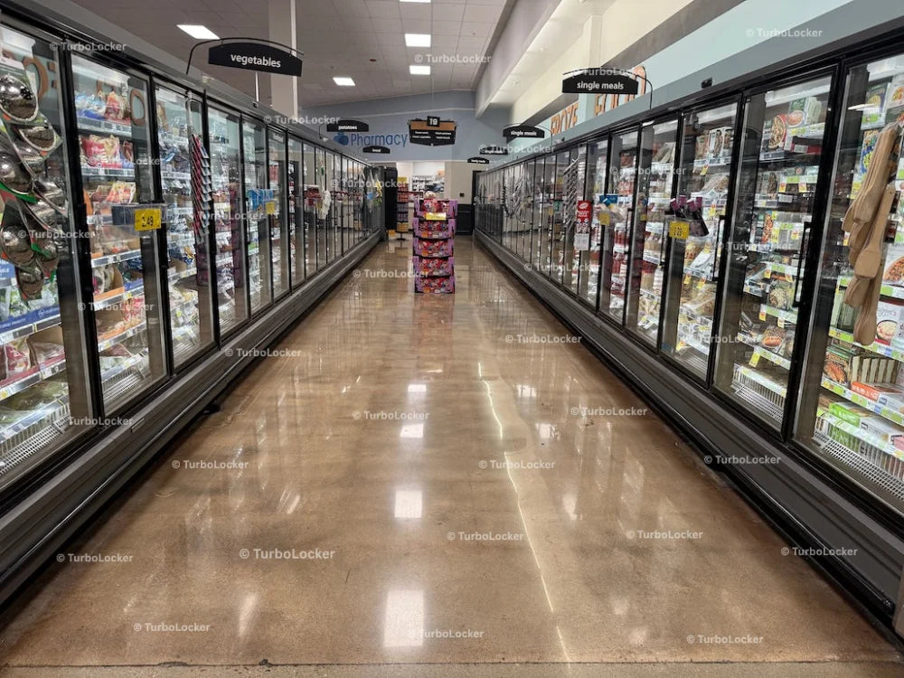 Frozen Vegetables Potatoes Bread And Microwave Meals On A Grocery Isle