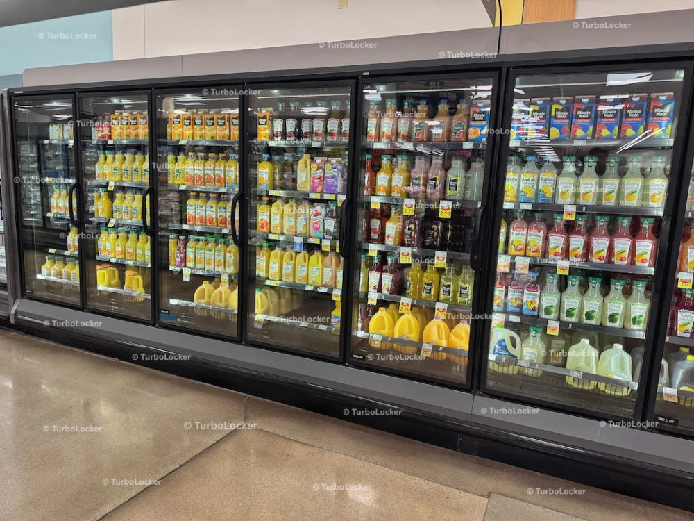 Fruit Juice Bottles In A Refrigerated Area At A Grocery Store