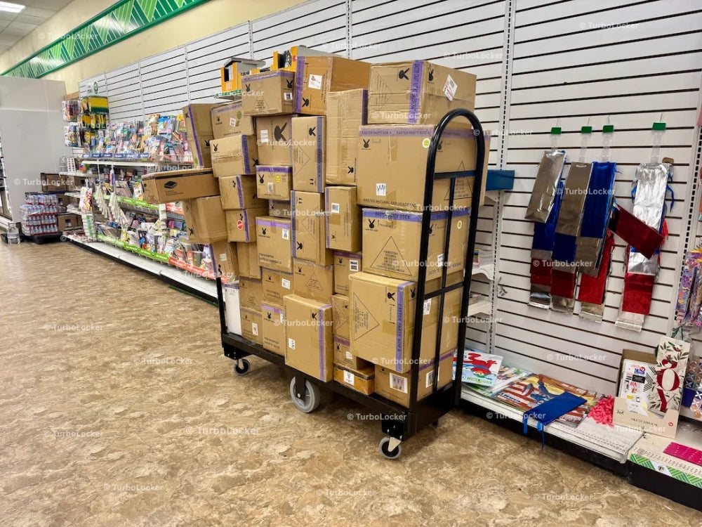 Inventory Stocking Cart With Easter Product Boxes