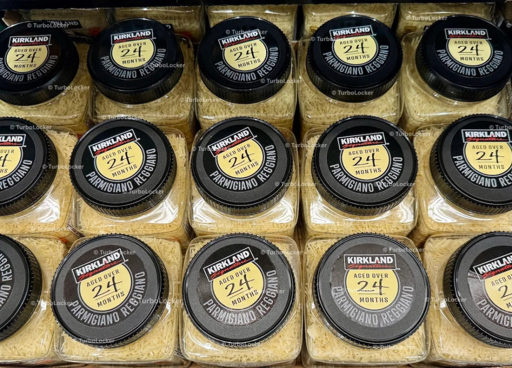 Kirkland 24 Month Aged Parmigiano Reggiano Containers In A Fridge At A Costco