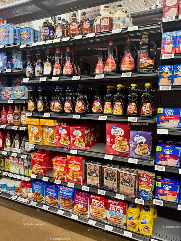Pancake Batter And Pancake Syrup On Shelving