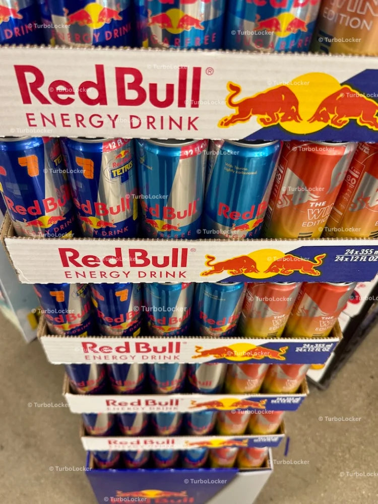 Red Bull Cans Stacked In Trays