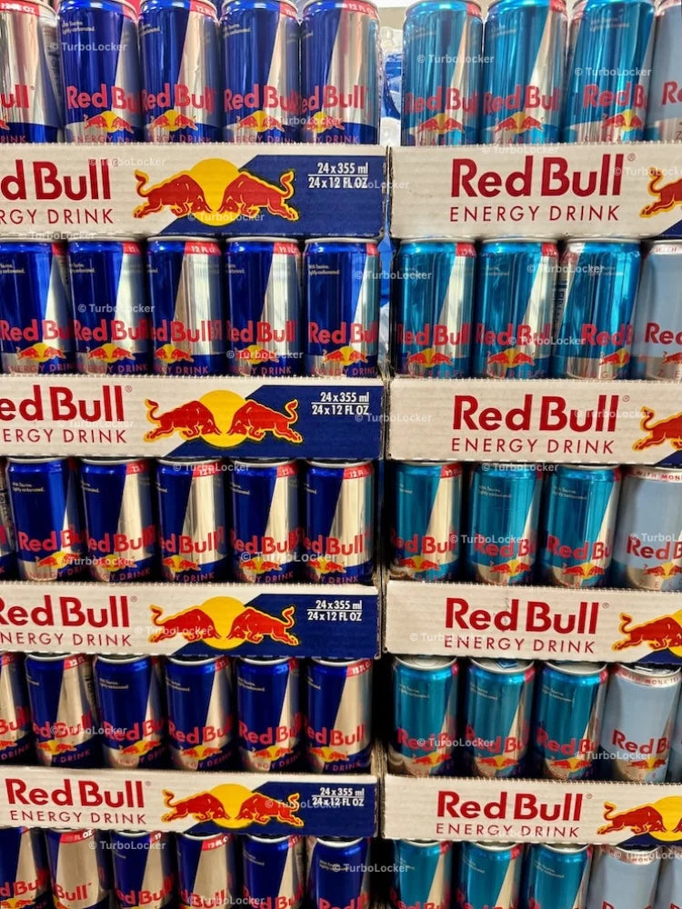 Redbull Energy Drink Regular Sugar Free Cans Stacked In Trays
