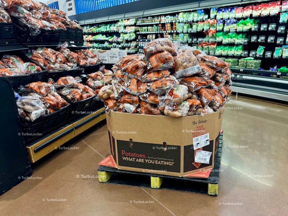 Russet Potatos On A Pallet And In Bins At A Grocery Store