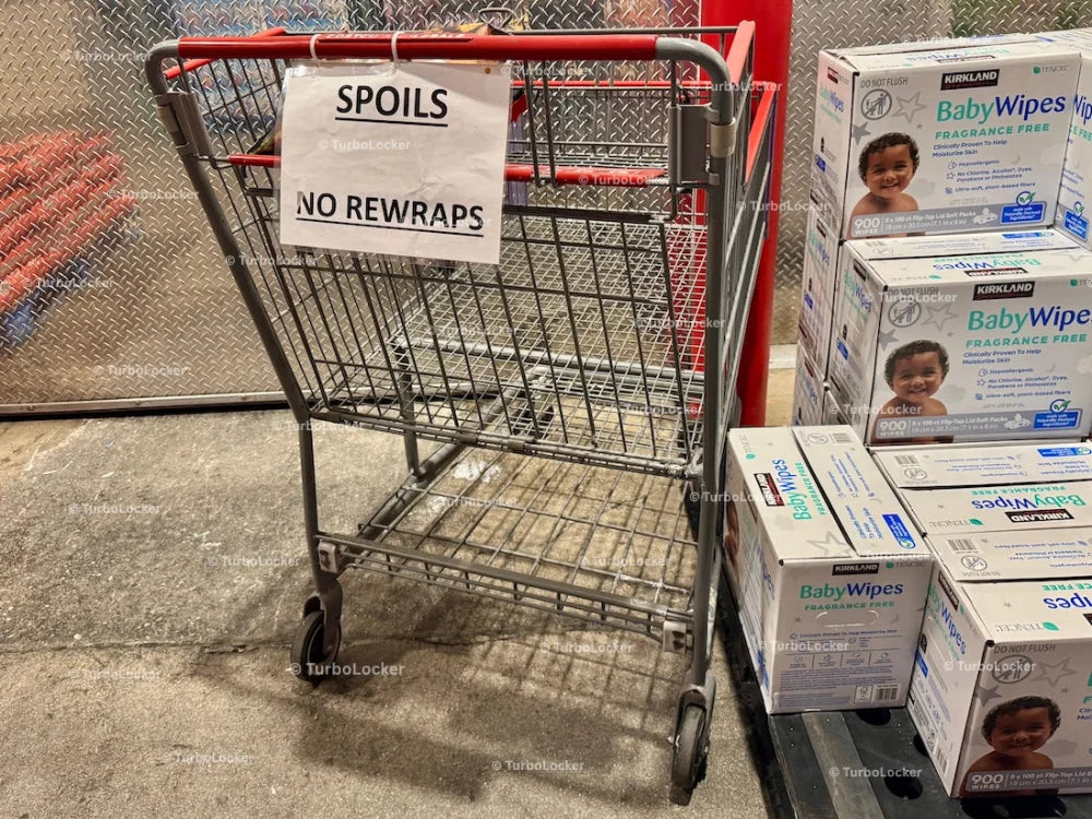 Spoils No Rewraps Sign On A Shopping Cart
