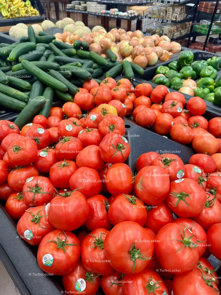 Tomatoes Cucumbers Onions And Peppers In A Grocery Produce Area