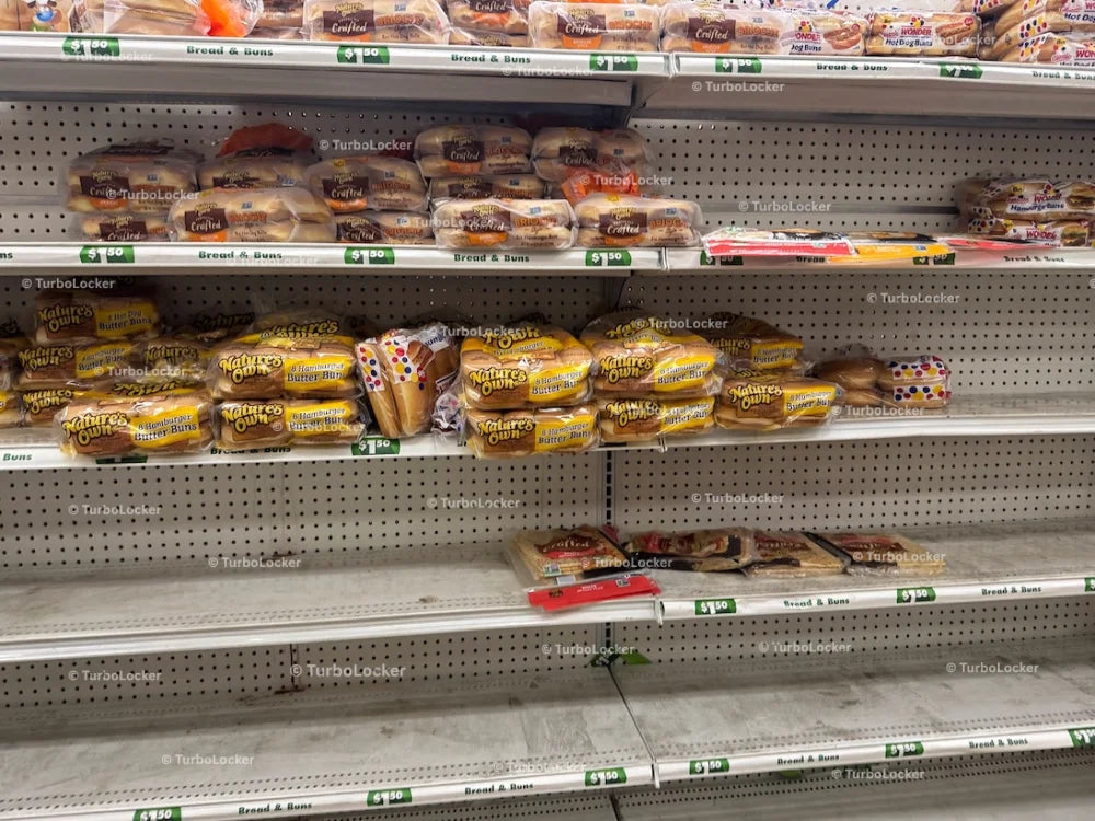 Unstocked Bread And Buns On Shelves At A Discount Store