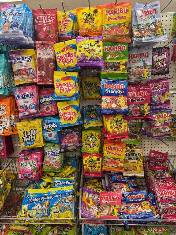 Various Candy On Retail Hooks At A Discount Store